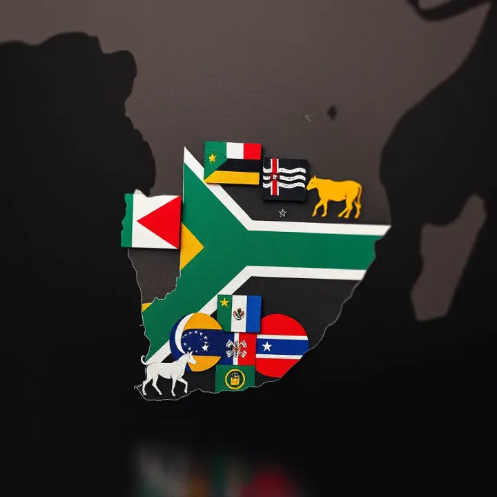 Map of South Africa highlighting cultural diversity with symbols representing different languages and traditions