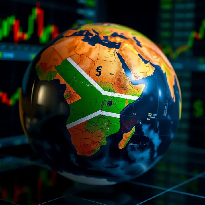 Illustration of a globe highlighting South Africa with currency symbols around it