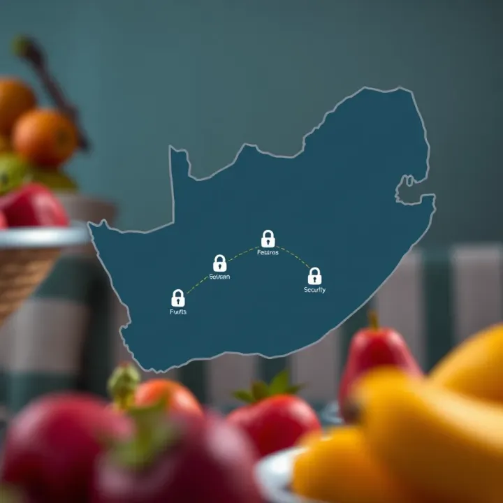 Map of South Africa highlighting regions involved in fruit trade with icons representing secure transaction features