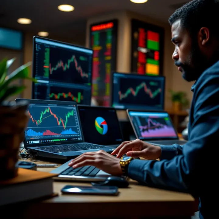 South African trader using multiple tools and strategy guides on a laptop for forex trading