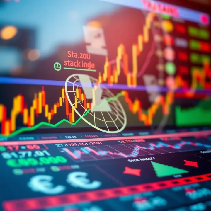 Graphical representation of stock market trends with digital icons and currency symbols