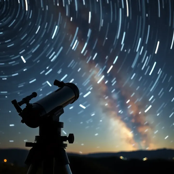 Studying Binary Star Systems Through Telescopic Observation Astronomical telescope observing binary star system with star trails in the night sky