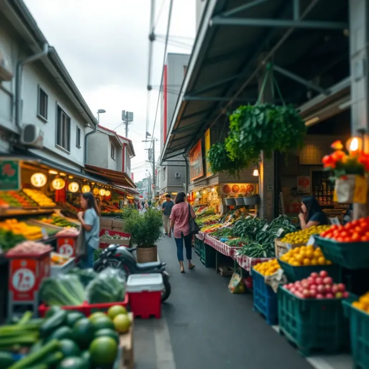 Exterior view of a busy fruit and vegetable market in Tokai with fresh produce stalls