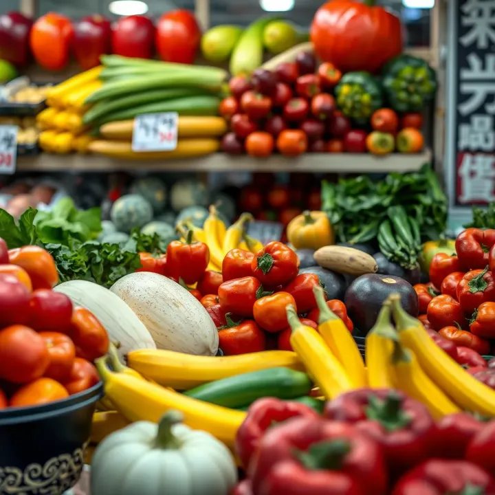 Close-up of fresh seasonal fruits and vegetables arranged neatly at a Tokai market stall