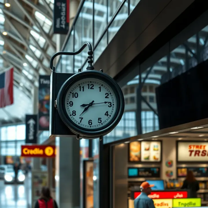 Clock displaying trading hours mounted near the entrance of a busy shopping complex