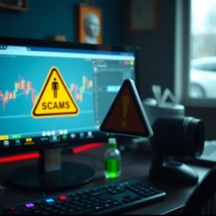 Illustration showing digital warning signs against binary options scams on computer screen