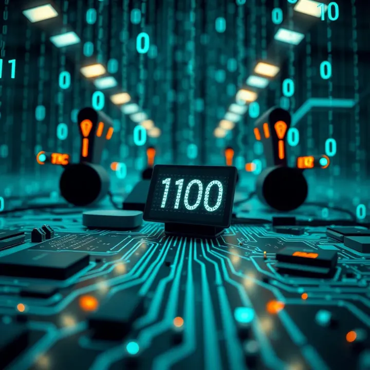 Illustration showing digital devices connected through binary code as the foundation of their operation