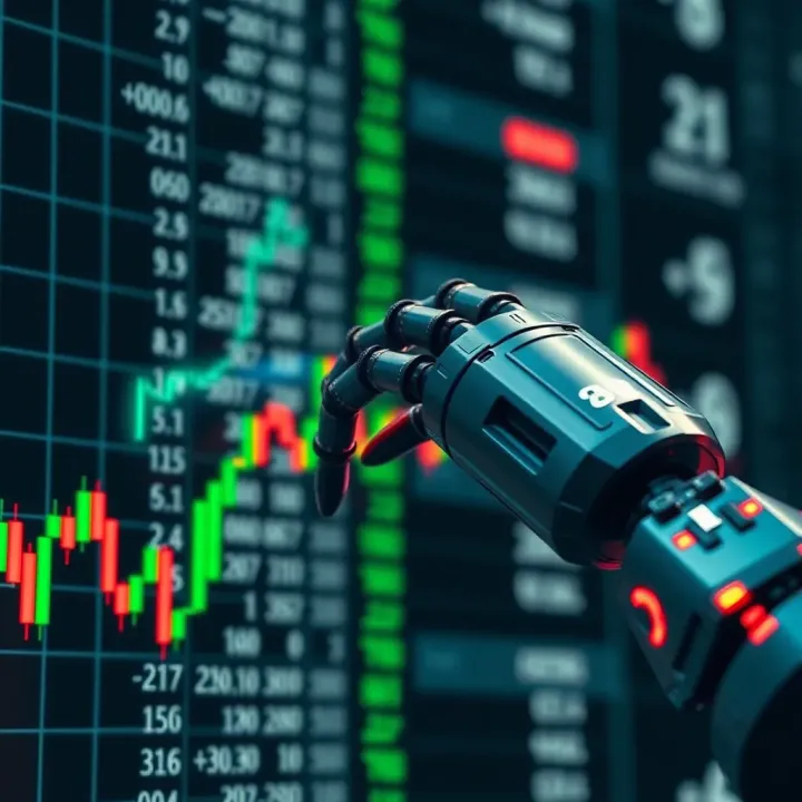 Digital depiction of a robotic arm manipulating binary code on a financial chart