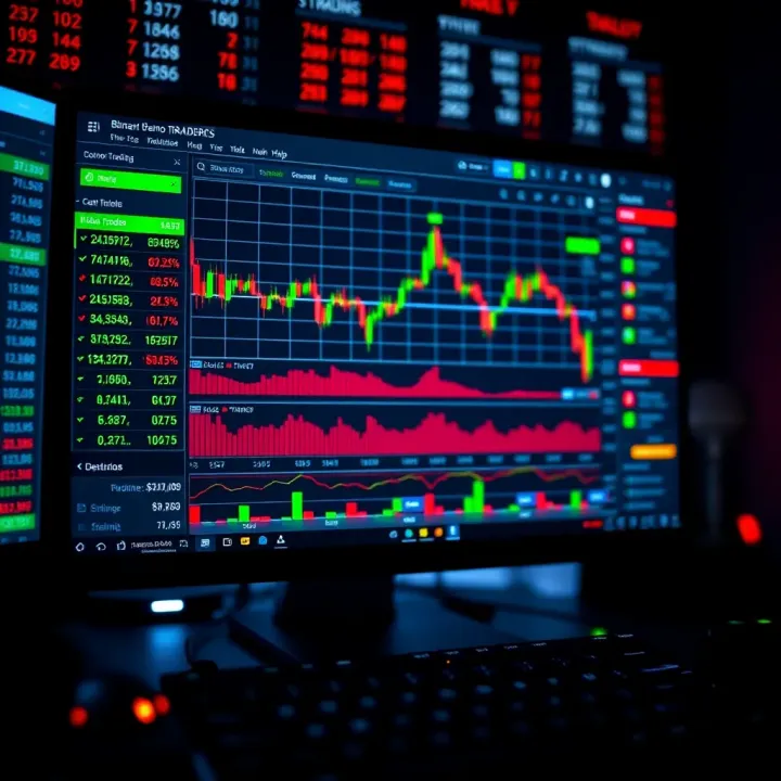 Computer screen displaying binary trading demo dashboard with charts and trade options
