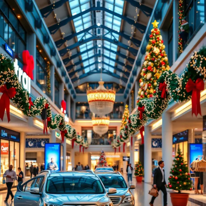 Decorated shopping mall interior during festive season with holiday decorations