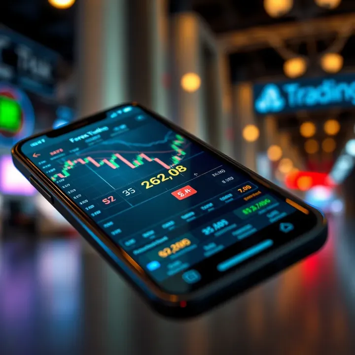 Illustration of forex trading concepts with charts and currency symbols on a mobile screen