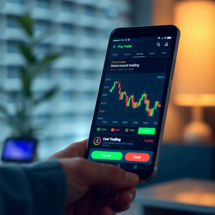 Mobile device displaying forex trading app interface with demo account features