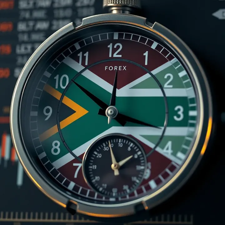 South African flag overlaying a clock face indicating optimal forex trading times