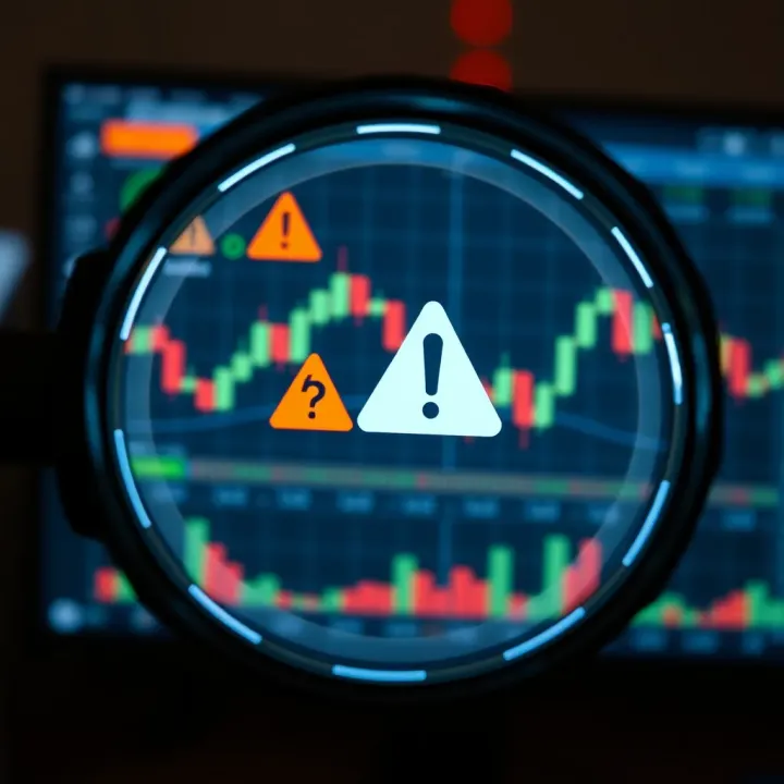 Illustration showing a magnifying glass focusing on a computer screen with forex trading charts and warning signs indicating potential scams