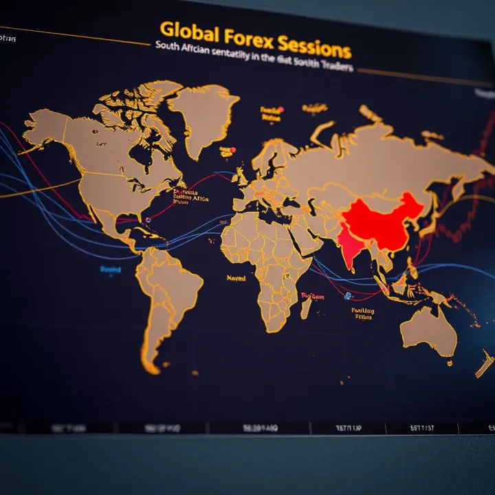 Global forex market sessions shown on a world map highlighting time zones relevant to South African traders