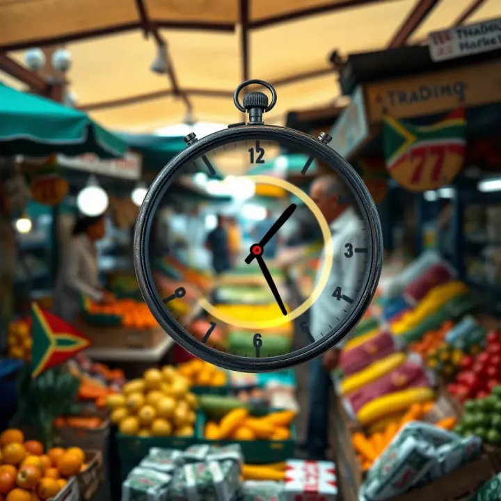 Clock showing market trading hours overlayed on a South African marketplace scene