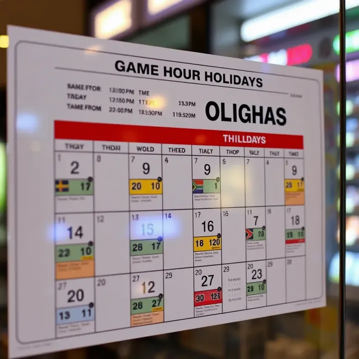 Calendar Highlighting Public Holidays and Seasonal Variations for Store Hours Calendar marking public holidays and seasonal changes affecting game store operating times