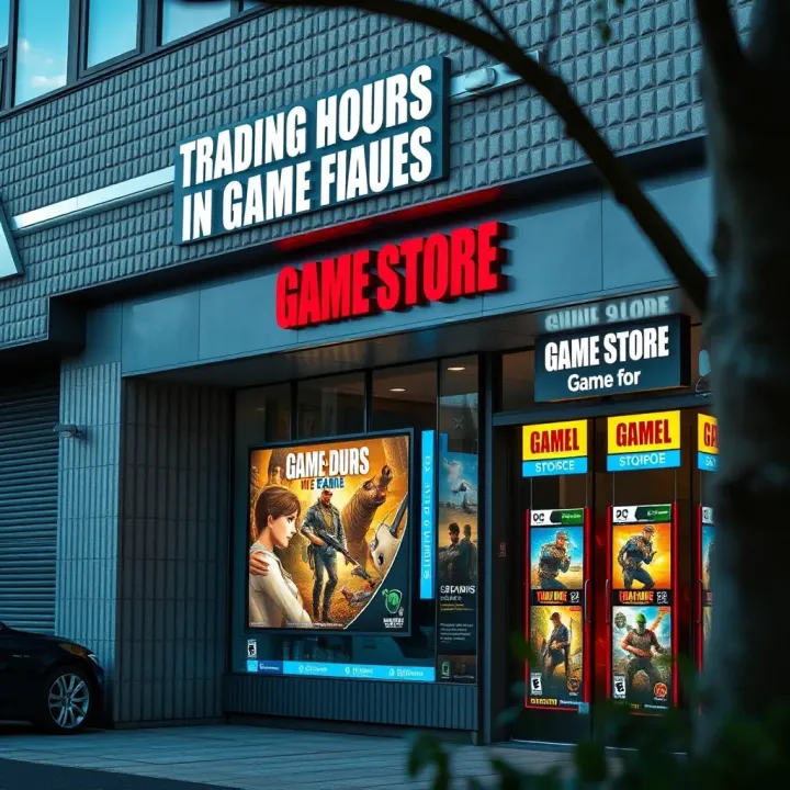 A modern storefront of a game retail shop with gaming posters displayed in the window during daytime