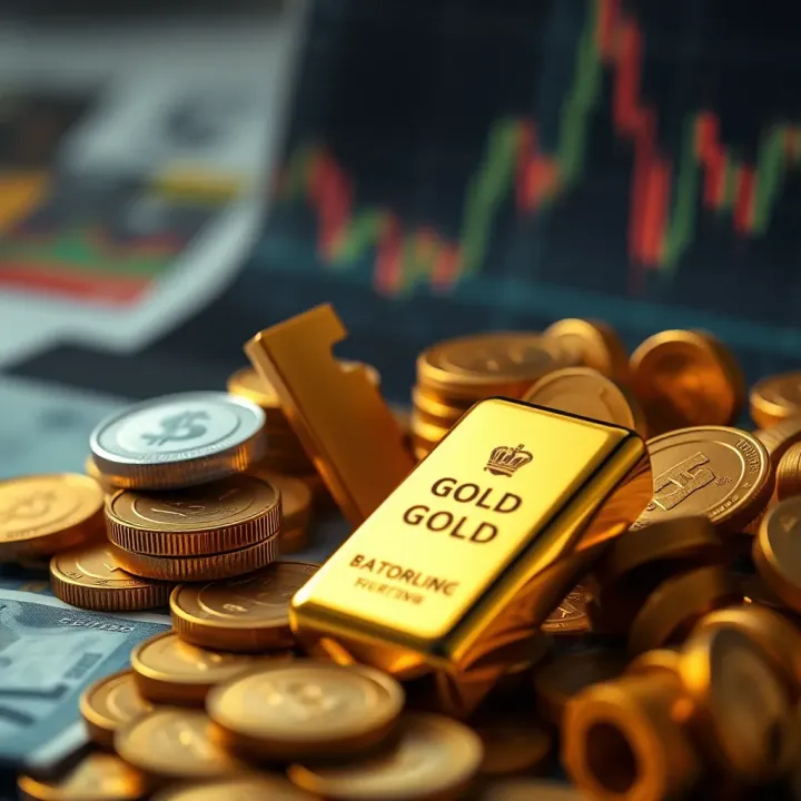 Conceptual illustration of forex trading strategy with gold bars and currency symbols