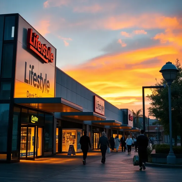 Lifestyle Centre Exterior at Closing Time Exterior view of a modern lifestyle centre at sunset with shoppers entering and exiting