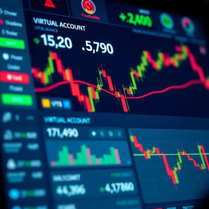 Close-up of a forex trading platform dashboard showing virtual account balance and trading options