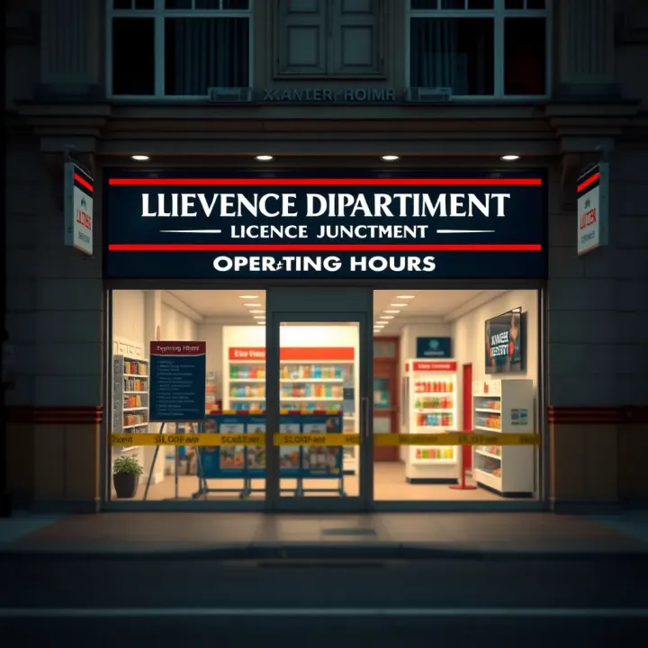 Front view of Xavier Junction Licence Department with clear signage and operating hours displayed