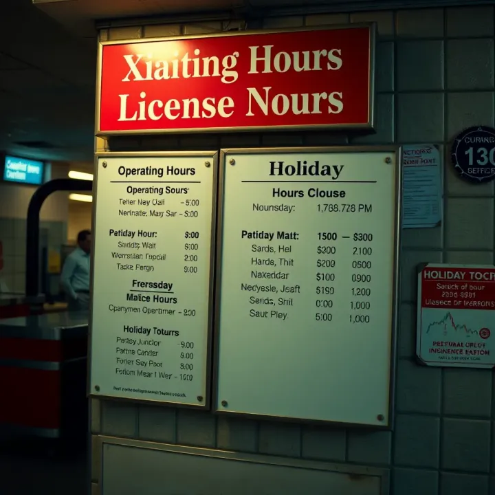 Operating Hours and Holiday Notices at Xavier Junction License Department Information board displaying operating hours and holiday closure details at Xavier Junction License Department